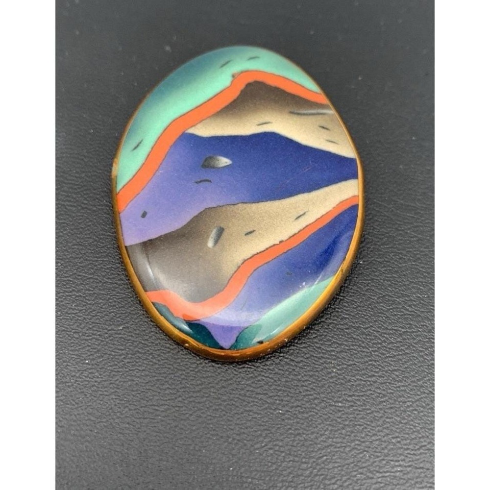 Vintage Stunning Agateware Ceramic Oval Pin Brooch